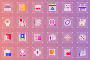 Online shopping web glassmorphic icons set. Pack outline pictograms of shop bag or cart, fast delivery order, money cash, gift for customer, discount sale, payment and other. Vector line glass symbols