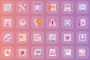Web development glassmorphic icons set. Pack outline pictograms of settings, code, speed, computer, seo optimization, programming, interface, multimedia, software and other. Vector line glass symbols