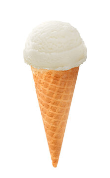 A scoop of white ice cream in a waffle cone isolated. Ice cream on white background. Perfect image of ice cream for package design.