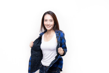 Studio beauty shot concept. Attractive beautiful young asian woman smiling cheerfully with long hair brunette wearing white casual T-shirt standing isolated on white background.
