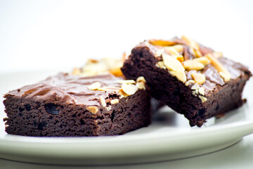 brownies in white plate close up Focus. Selective focus.