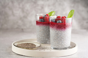 Two glasses with chia seeds pudding, raspberry jam and fresh raspberries and blueberries on a concrete tray on grey surface