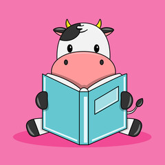 Cute cow reading a book. Isolated vector