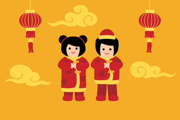 Chinese new year card with girl and boy.
