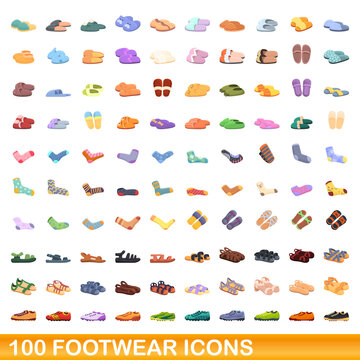 100 footwear icons set. Cartoon illustration of 100 footwear icons vector set isolated on white background