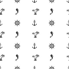 Nautical seamless pattern with palms, anchors and dolphins on white. Tropical holiday ornament.