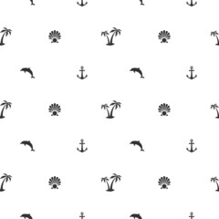 Nautical seamless pattern with palms, anchors and dolphins on white. Tropical holiday ornament.