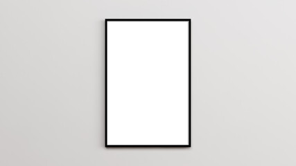 Black mockup frame. Vertical mockup of a black picture frame. Single black empty mockup frame hanging on a white wall. 3d illustration.	