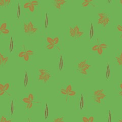  seamless pattern with delicate leaves on a green bright background. Vector grunge leaf print. Printing on fabric, wallpaper, packaging, stylization under a stamp or an imprint of summer leaves; 