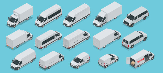 Isometric Logistics icons set of different transportation distribution vehicles, delivery elements. Cargo transport isolated on white background. Cargo Truck and Van