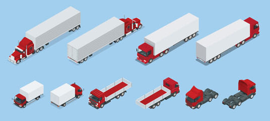 Isometric Logistics icons set of different transportation distribution vehicles, delivery elements. Cargo transport isolated on white background. Cargo Truck and Van - obrazy, fototapety, plakaty