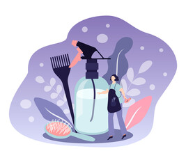 vector illustration on the theme of hair care. hairstylist with dryer, hairdressing tools, combs, flowers. trend illustration in flat style