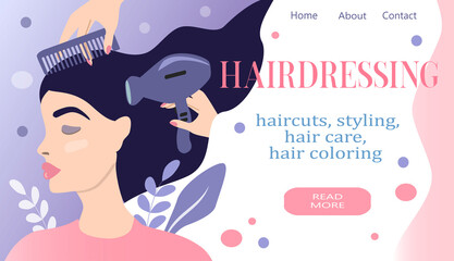 vector illustration on the theme of hair care. banner for website. head of a girl with hair, hands holding a hairdryer and a comb. trend illustration in flat style