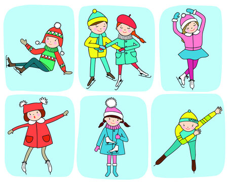 Set of pictures with children on skates. The concept of winter entertainment. 