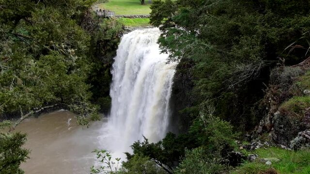 The massive Whangarei Falls after flooding throughout the region in Northland, New Zealand Aotearoa