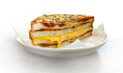 Bacon Cheese Sandwich in White Plate and clipping path