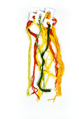 multicolored embroidery threads on a white background.