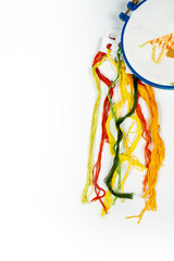 multicolored embroidery threads on a white background.