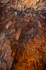 Ceiling with many stalactites in Damlatas cave (Alanya, Turkey). Brown-orange natural texture of mineral formations on surfaces underground