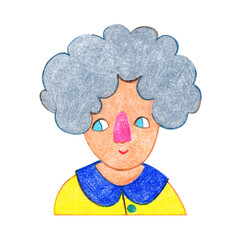 Portrait of a pretty elderly woman with curly gray hair, dressed in a yellow dress with a collar. A grandmother with a smiling face. An illustration drawn with colored pencils in a primitive style.