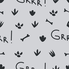 Phrases Grrrr  , dinosaur paw, bones and doodle elements  in Scandinavian style seamless pattern. Childish design for baby clothes, bedding, textiles, print, wallpaper.