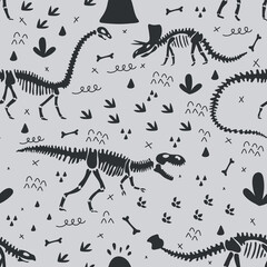 Dinosaur bones seamless pattern on grey background. Funny Vector illustration Dino skeleton in Scandinavian style. Childish design for baby clothes, bedding, textiles, print, wallpaper.
