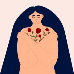 Young woman lovingly hugs herself and her body. Love yourself and overcome personal and psychological problems. Self love and self confidence and care. Mental health, confidence. Vector illustration.