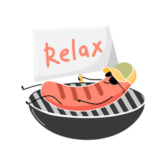 The sausage with glasses and cap on the grill is holding a poster that reads "Relax". Illustration of a barbecue character for the summer season. Funny banner design for a BBQ party. 