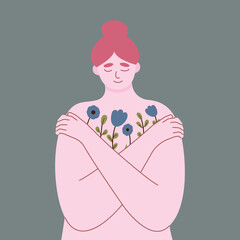 Young woman lovingly hugs herself and her body. Love yourself and overcome personal and psychological problems. Self love and self confidence and care. Mental health, confidence. Vector illustration.