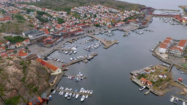 Kungshamn, Sweden. Aerial drone footage of the village located on the west coast