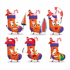 Happy Face christmas socks with gift cartoon character playing on a beach