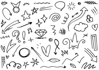 Hand drawn set elements, Abstract arrows, ribbon, heart, star leaf, crown and other elements in hand drawn style for concept design. Scribble illustration. Vector illustration.