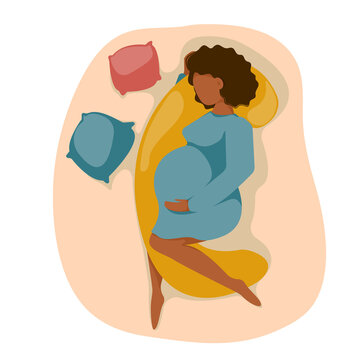 Pregnant woman with big belly sleeps on pregnancy pillow. Future mother healthy sleep concept. Flat design. Vector illustration.