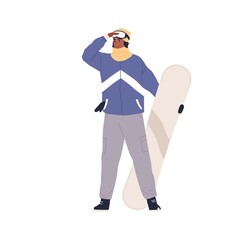 Snowboarder standing with snowboard in hand. Person wearing sporty equipment and holding snow board. Dark-skinned woman in sports winter outfit. Flat vector illustration isolated on white background