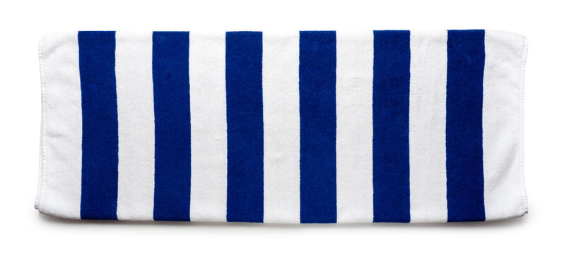 Blue stripes beach towel  mock up isolated on white background, flat lay top view shot