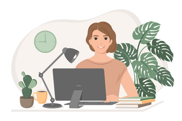 Fototapeta na wymiar Student woman preparing for exams using online courses, freelancer working from home. Freelance, studying or online Education concept . Vector flat style illustration. 