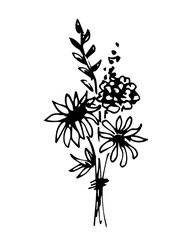 Hand-drawn simple vector drawing in black outline. Autumn summer bouquet, sunflower, aster, chamomile, branches with leaves. Ink sketch.