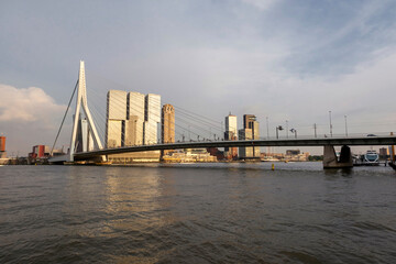City of Rotterdam downtown skyline at dusk in South Holland, Netherlands, Erasmus Bridge