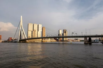Cercles muraux Pont Érasme Ville de Rotterdam skyline du centre-ville au crépuscule en Hollande méridionale, Pays-Bas, pont Erasmus