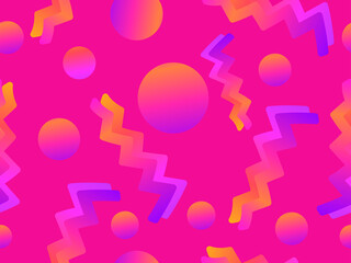 Geometric seamless pattern in 80s style with memphis elements. Colorful gradient. Synthwave and Retrowave style background for printing on paper, promotional materials and fabrics. Vector illustration