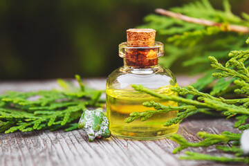 Juniper essential oil in a small bottle. Selective focus.