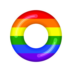 Inflatable swimming ring looking like LGBT flag isolated on white background, Rubber float pool lifesaver ring, buoy children beach summer sea water theme. Vector illustration icon.