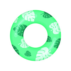 Inflatable swimming ring with tropical liaves isolated on white background, Rubber float pool lifesaver ring, buoy children beach summer sea water theme. Vector illustration icon.