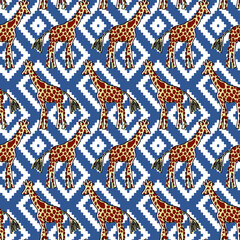 Abstract Hand Drawing Cute Giraffes with Ethnic Argyle Shapes Background Seamless Vector Pattern