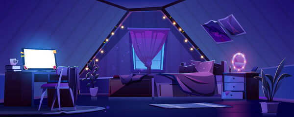 Girl bedroom interior on attic at night © klyaksun
