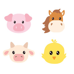 Set of cartoon cute farm animals faces isolated on white background. Cow, pig, horse and chick head for kids.