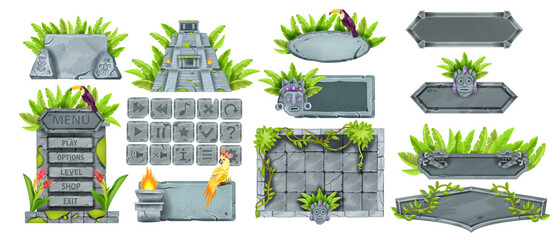 Jungle stone game UI set, rock vector buttons, gray cracked boulder sign board, menu frame, Aztec pyramid. Tropical user interface design element, rainforest banner. Stone game asset kit, parrot, vine © Oleksandra
