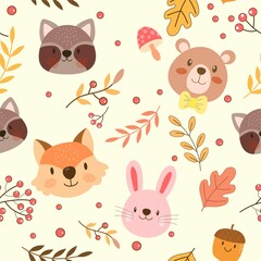 autumn cute forest cartoon animal seamless background. vector illustration