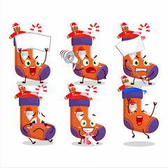 Fototapeta premium Mascot design style of christmas socks with gift character as an attractive supporter