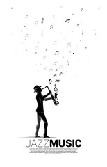 Vector music melody note flow with man and saxophone. Concept background for jazz song and concert theme.